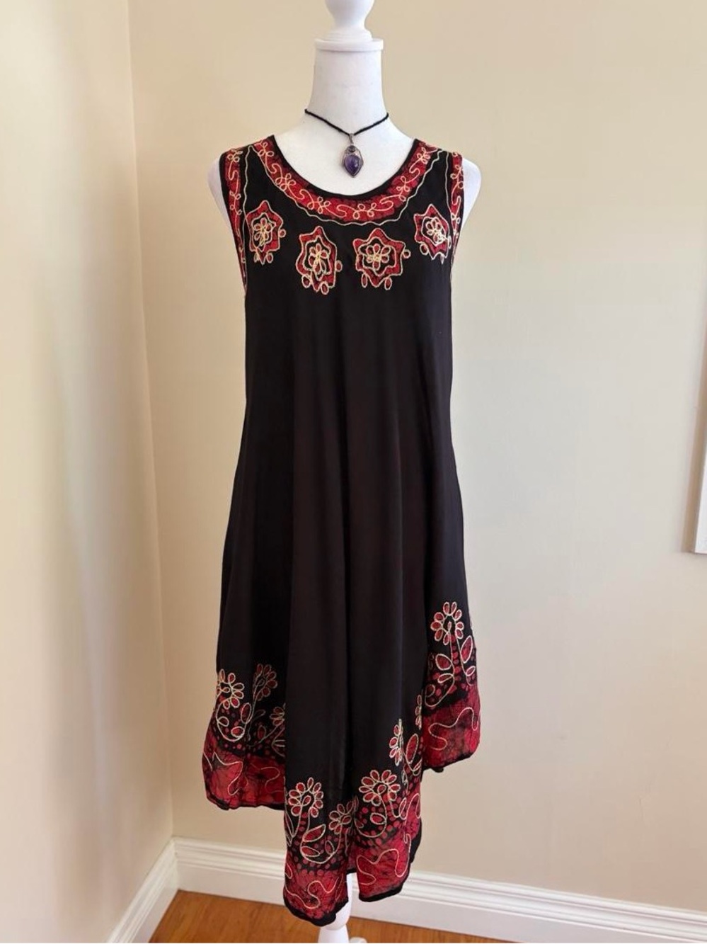 Vintage 90s boho fairy embroidered floral red black midi dress beach coverup S-L